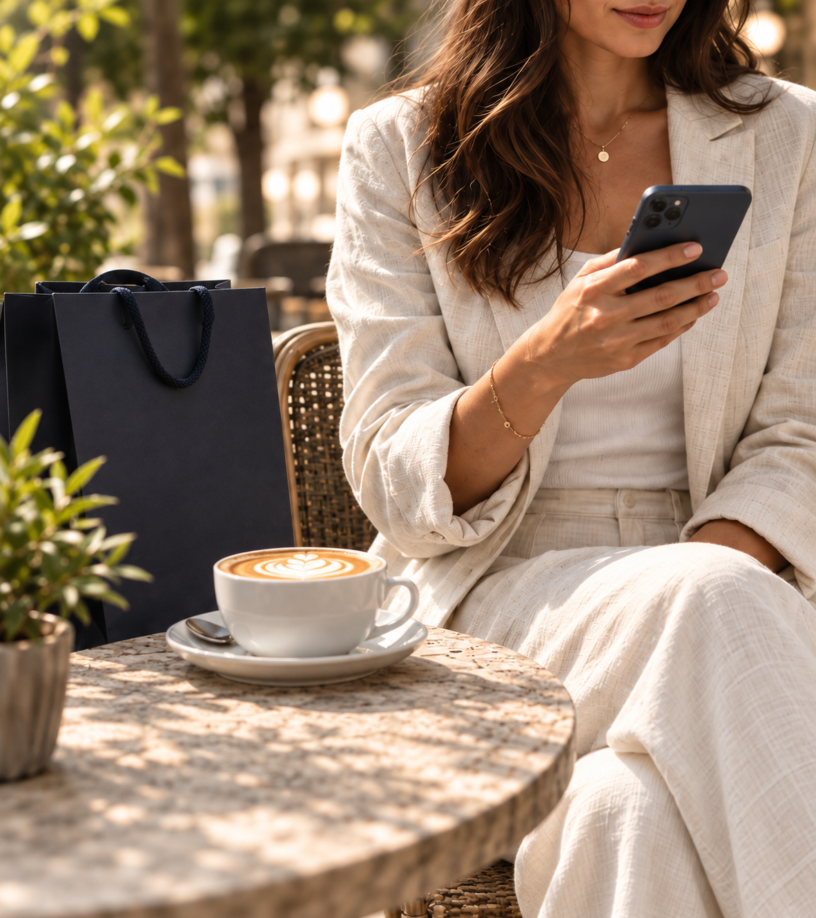 A shopper in a cream linen suit checking her phone at a sunny café, with a navy shopping bag and cappuccino beside her