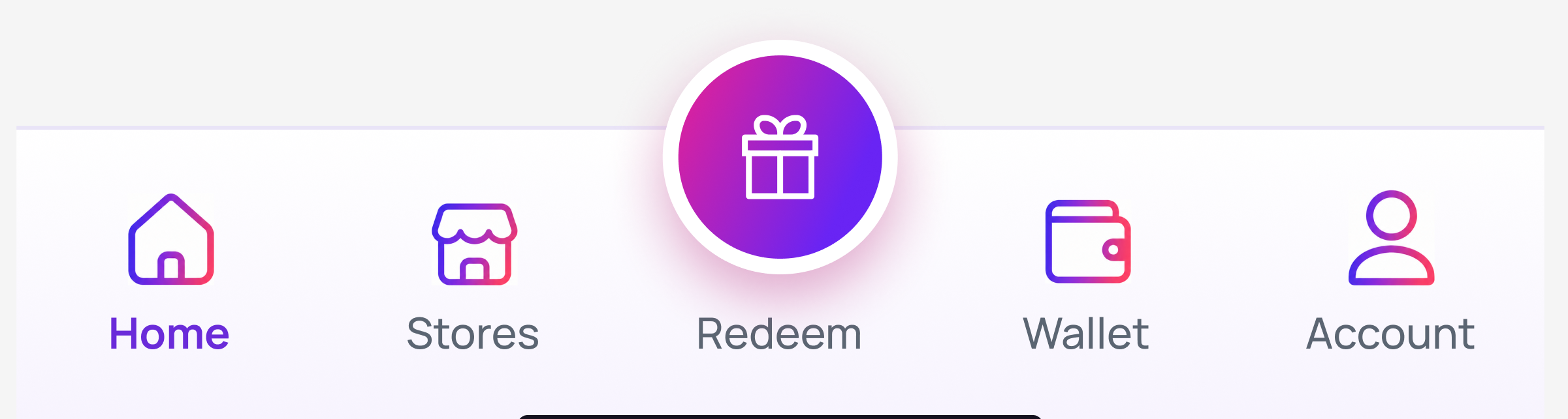 App navigation: Home selected, Stores, Redeem, Wallet, Account